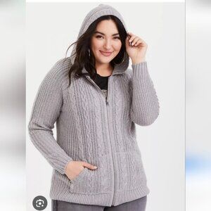 TORRID Cardigan Knit Cozy Gray Zip  Hooded Sweater Plus Coastal Preppy Classy